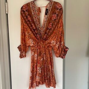 Orange Tie Front Sundress with Plunge Neckline and Bishop Sleeves
